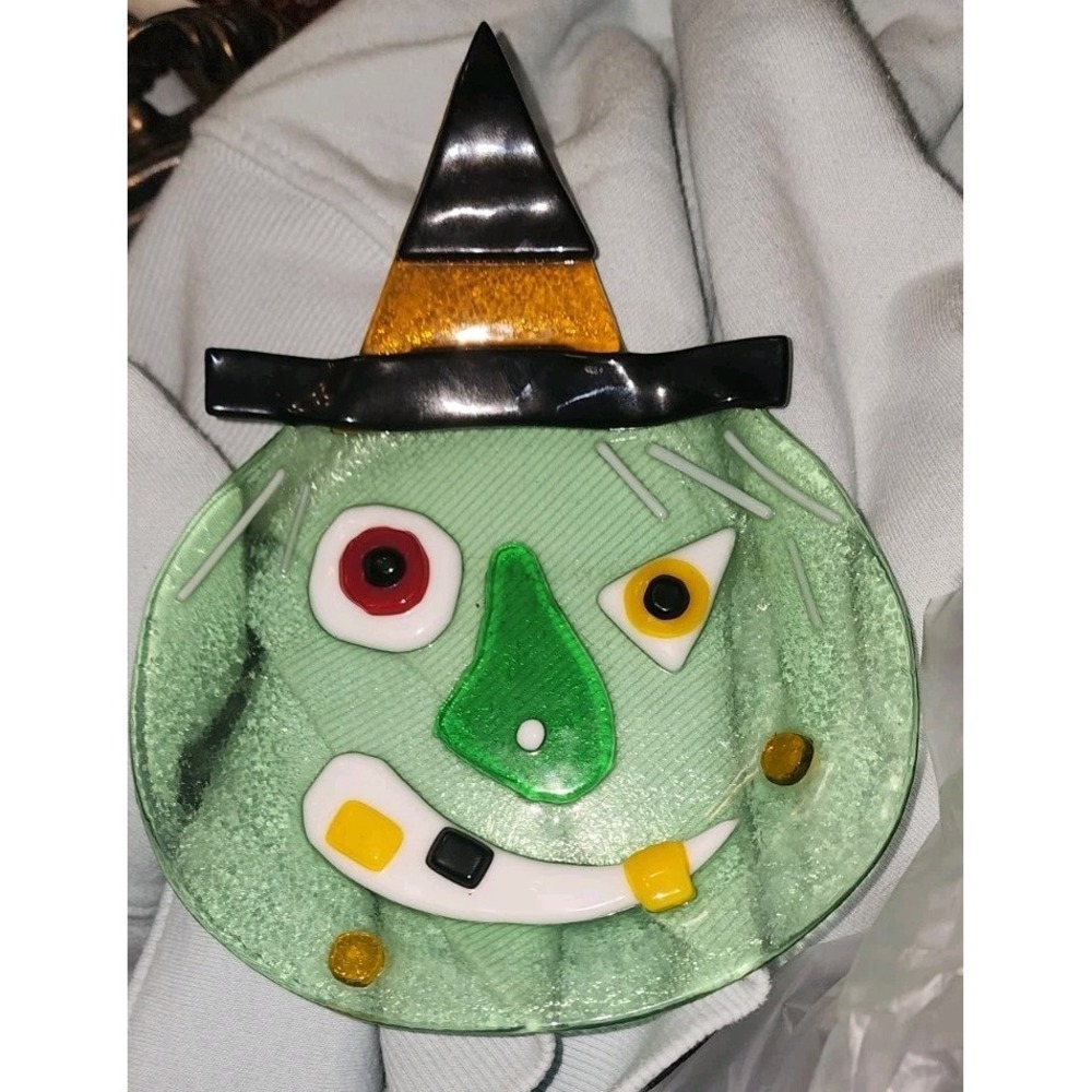 Department 56 Fused Glass Witch Plate Vintage Halloween Clear Cottagecore Trick
